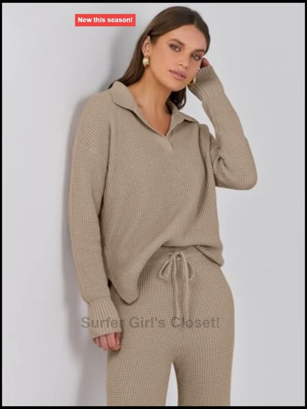 Women's Two Piece Waffle Knit Lounge Sweater Set with Wide Leg Pants